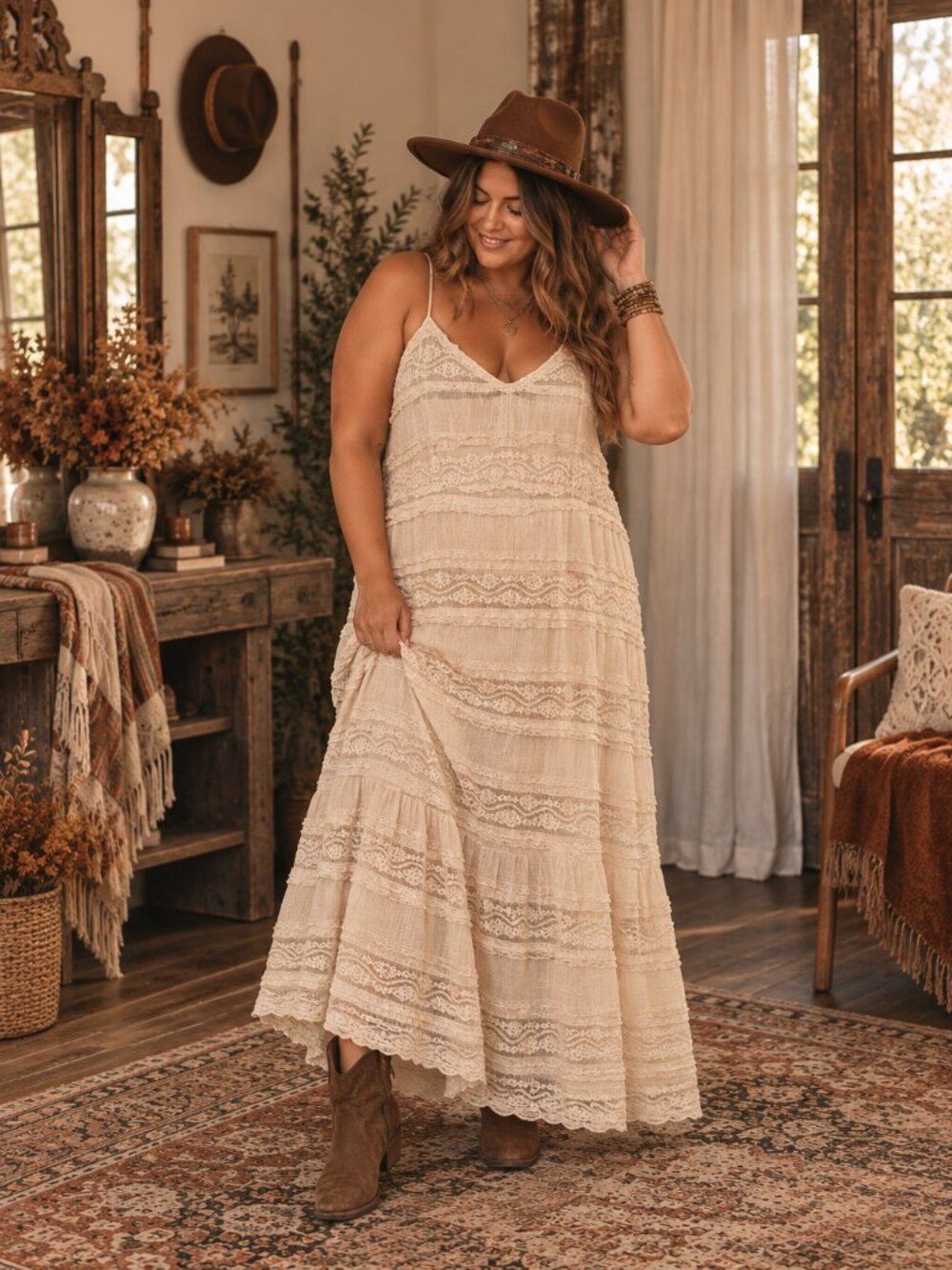 American Eagle Cream Lace Boho Maxi Dress